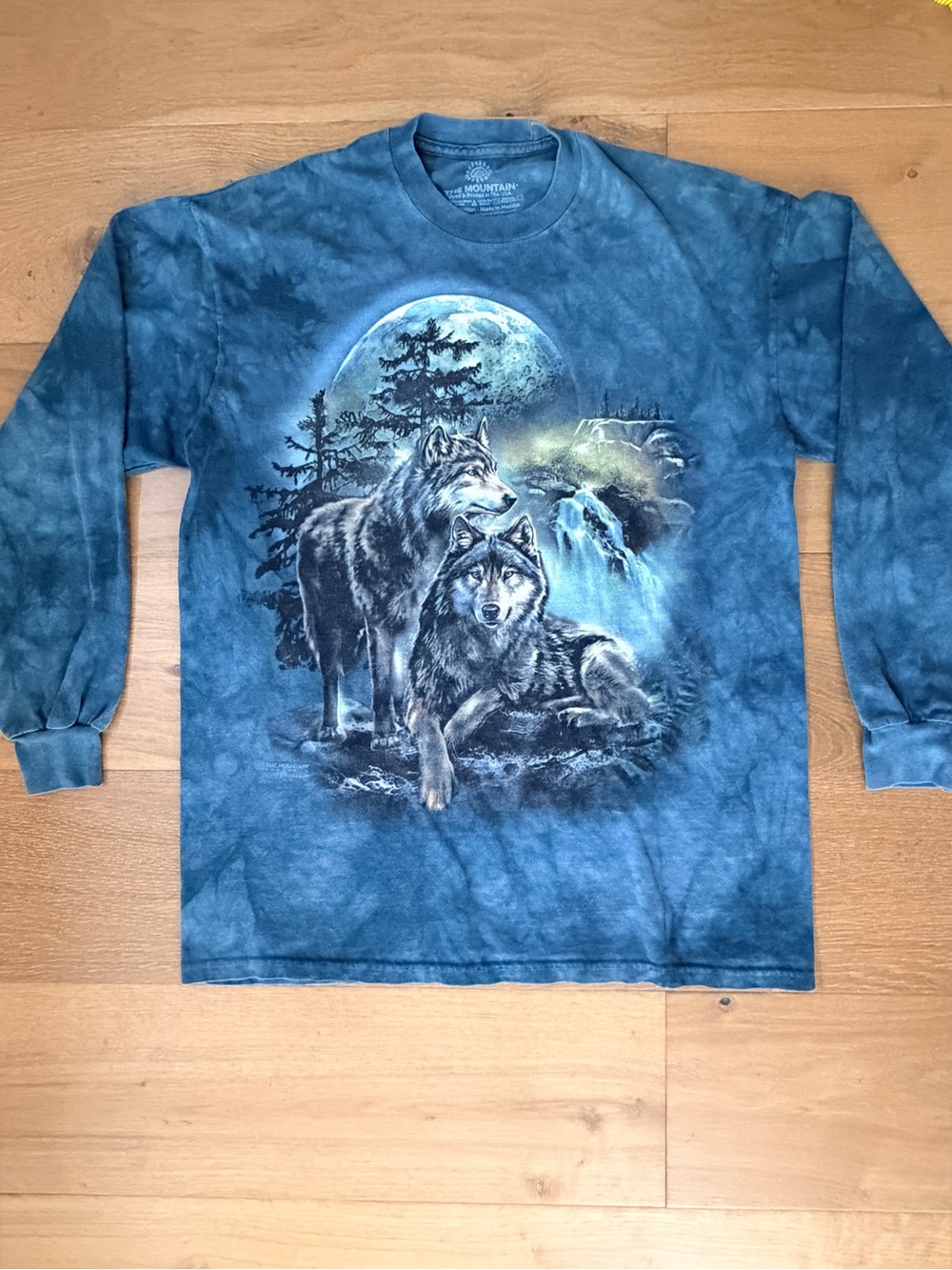 The Mountain Wolf Full Moon Wildlife Tie Dye Long Sleeve Graphic Tee Blue Large